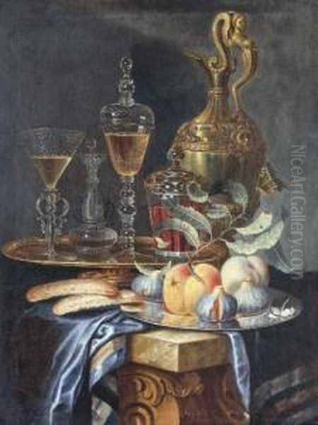 Peaches And Figs On A Pewter 
Platter, A Facon De Venise Fluted Wineglass And Vessel With A Bohemian 
Covered Goblet And Covered Beakeron A Gilt Platter, All Resting On A 
Partially Draped Stoneledge - view 1