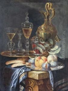 Peaches And Figs On A Pewter
Platter, A Facon De Venise Fluted Wineglass And Vessel With A Bohemian
Covered Goblet And Covered Beakeron A Gilt Platter, All Resting On A
Partially Draped Stoneledge by Christian Berentz