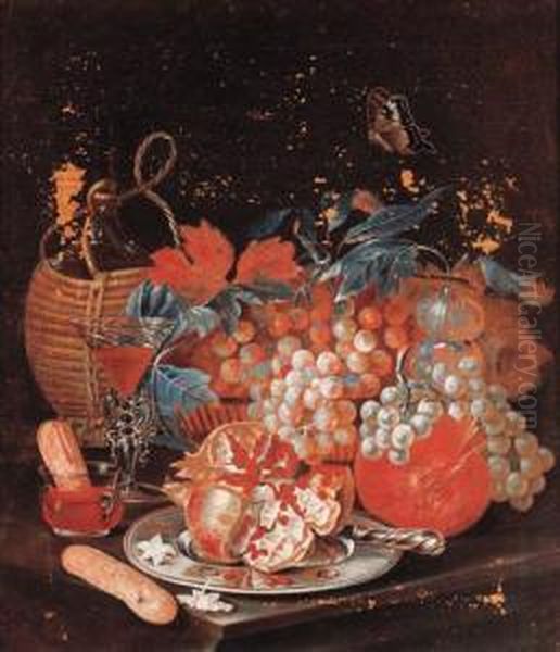 A Basket Of Fruit With A Carafe,
A Faon De Venise Wine Glass,pommegranates On A Pewter Plate And A
Butterfly - view 1