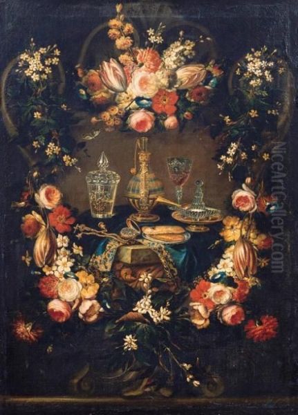 Couronne De Fleurs Autour D'une Table Ornee De Verreries - view 1