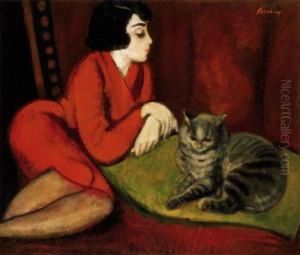 Girl On A Sofa With Cat (eta With Cat) by Robert Bereny
