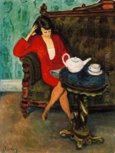 Red-dressed Woman In A Green Room (breakfast), End Of The 1920's by Robert Bereny
