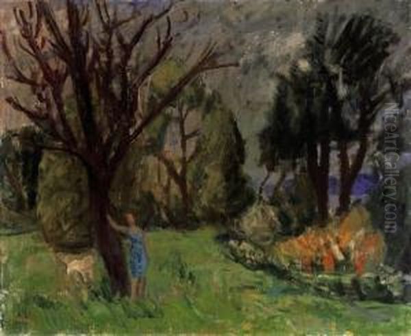 Detail Of A Park With A Female Figure Leaning Against A Tree, And With A Dog - view 1