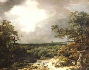 A stormy wooded landscape with faggot gatherers by a river