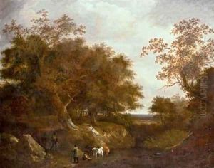 Travelers on a path with cattle watering at a pool in a wooded landscape