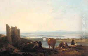 Figures and cattle resting before a river estuary at sunset