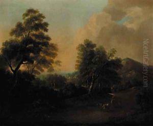 An extensive wooded landscape with drovers and cattle in the foreground