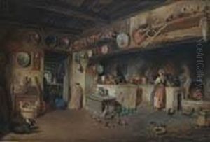 Interno Di Cucina Con Contadina E Pollame by Francesco Bergamini