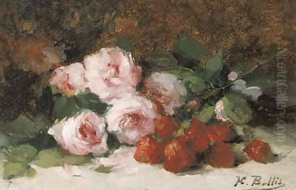 Strawberries and pink roses on a ledge - view 1