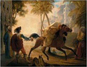 A Coastal Landscape With A Cavalier Purchasing An Arab Stallion by Pierre Nolasque Bergeret