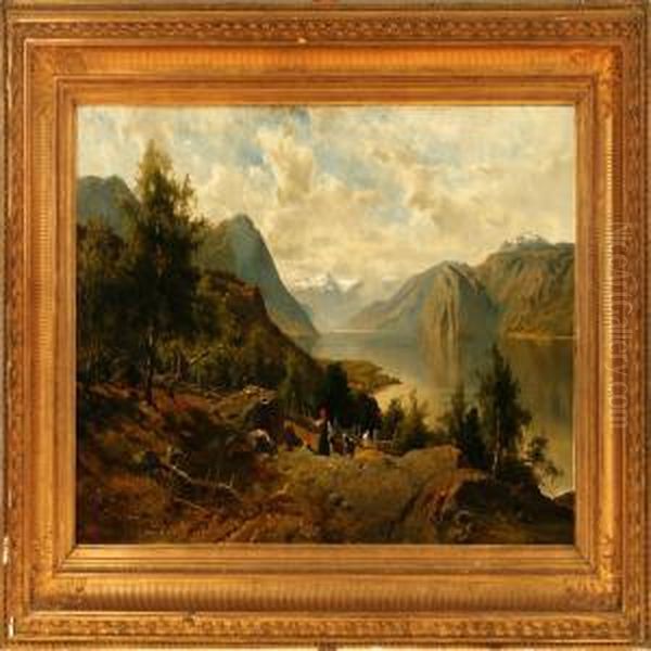 Summer Day At A Norwegian Fiord, A Young Girl Is Walking In The Hills With Her Goats - view 1