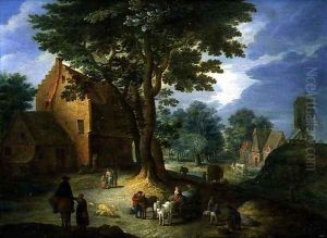 Village Scene with a Windmill by Joseph van Bredael