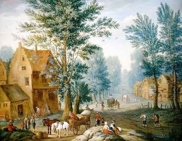 A Village Landscape with Travellers by Joseph van Bredael