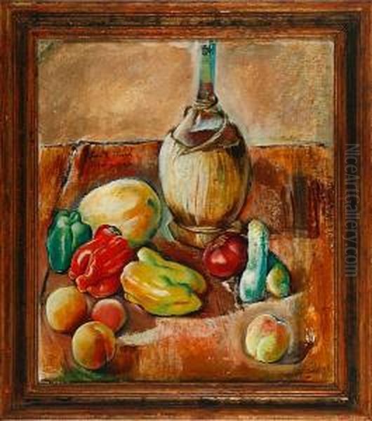 A Still Life With A Wine Bottle, Fruits And Vegetables. Signed. Dated Firenze -27 - view 1