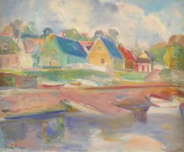Hamnen I Arild. Signerad Och Daterad -43. Duk, 54x64 - view 1