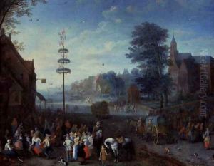 Village kermesse with villagers dancing round a maypole and travellers on a road by Joseph van Bredael