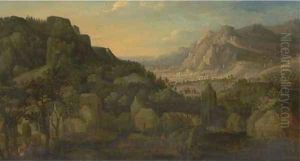 An extensive mountain landscape with travellers on a bridge in a village