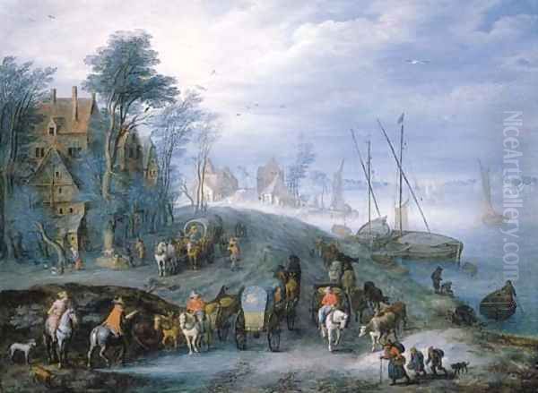 A river landscape with travellers in carriages on a path, shipping beyond - view 1