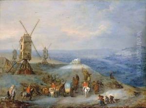 An extensive open landscape with travellers on a path by a windmill by Joseph van Bredael
