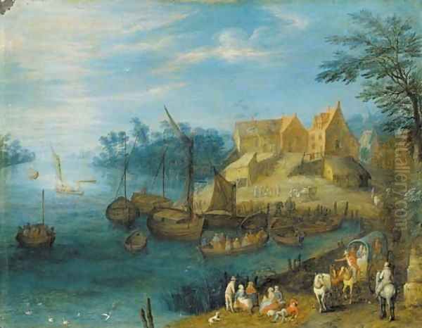A river landscape with travellers and other figures on a path and boats moored before a village - view 1