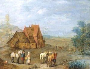 A landscape with travellers and their horses before a farmhouse, windmill beyond by Joseph van Bredael