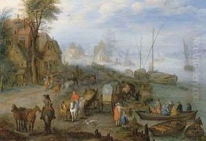 A port scene with rowboats by Joseph van Bredael