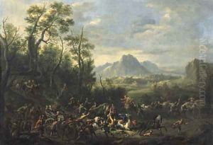 Travellers and peasants on horse and wagons ambushed on a countryroad by Joseph van Bredael