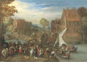 A crowded village landscape with wagons on a path and ferries crossing a river