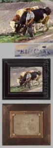 Bauer Mit Zwei Kuhen Auf Dem Feld by Max Bergmann