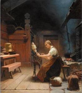 Kvinne Ved Rokken I Bondeinterior (woman Spinning Wool)