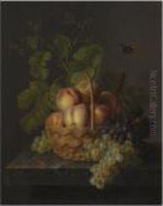 A Still Life With Peaches And Grapes In Wicker Basket On A Marble Ledge by Antoine Berjon