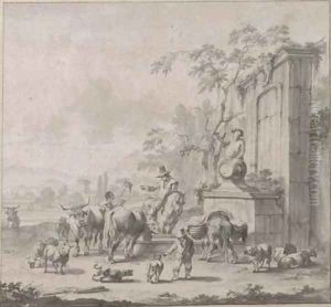 A landscape with herdsmen, sheep and cows around a fountain surmounted by a statue of Silenus by Pieter Bout