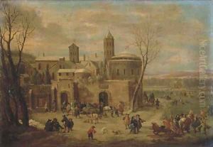 A winter landscape with figures strolling and unloading a cart outside the walls of a town, skating and sleighing on a frozen river nearby