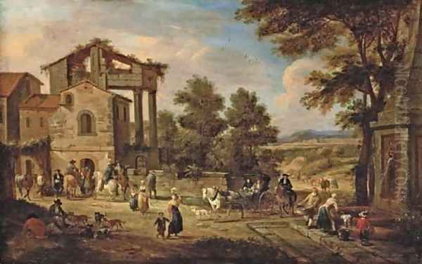 The outskirts of a town with a washerwoman, travellers and resting labourers, a landscape beyond - view 1