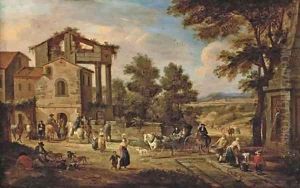 The outskirts of a town with a washerwoman, travellers and resting labourers, a landscape beyond
