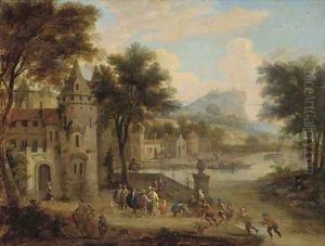 A river landscape with a fortified town by Pieter Bout