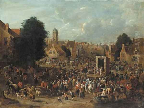 A town square with actors from the Commedia dell'Arte performing for villagers on market day - view 1