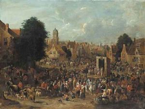 A town square with actors from the Commedia dell'Arte performing for villagers on market day
