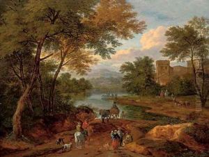 A wooded river landscape with travellers on a track, a house beyond by Pieter Bout