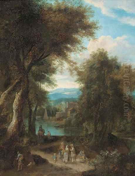 A wooded river landscape with travellers on a track - view 1