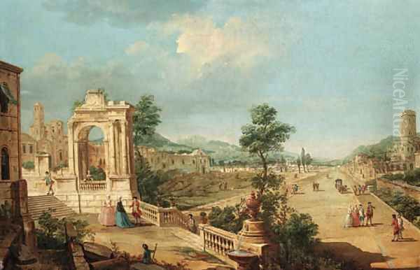 A capriccio view of a town with elegant figures on a terrace by a ruined archway - view 1