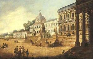 An architectural capriccio of classical buildings with horsemen and other figures
