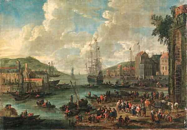 A port, with men-o-war and other shipping, townsfolk and fishermen on the shore - view 1