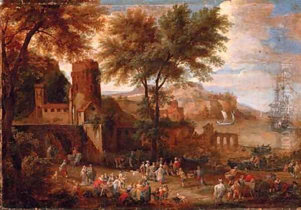 Figures outside a town wall with a bay beyond - view 1