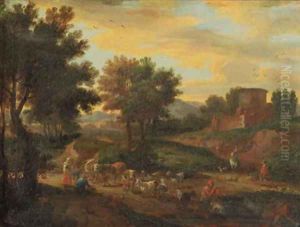 Shepherds fording cattle and flock on a sandy track by a ruined castle, in an Italianate landscape by Adriaen Frans Boudewijns
