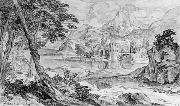 An extensive Landscape with a Village by a River - view 1