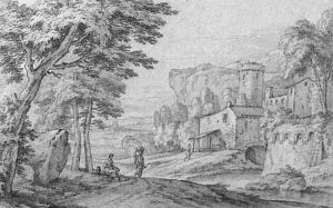 An Italianate river landscape with travellers on a road near a fortified town An Italianate river landscape with travellers on a road near a fortified town