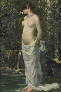 Halbakt vor Wasserfall by Frank Buchser