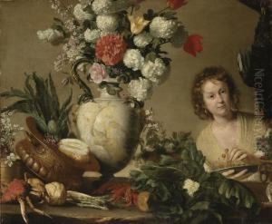 The Gardener: A Lady Holding A 
Bowl Of Cherries, With A Cockereland Vegetables, Shellfish And Flowers 
On A Wooden Table