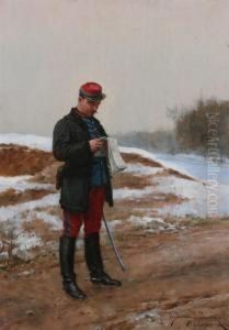 French Military Officer Consulting A Map by Etienne Prosper Berne-Bellecour